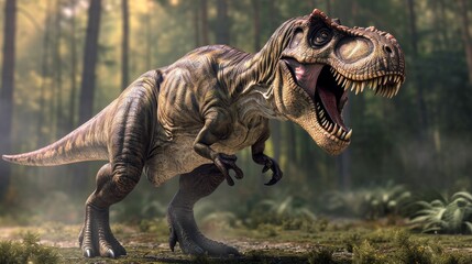 Angry Tyrannosaurus rex roars in prehistoric plains, its mighty presence dominating the landscape,...