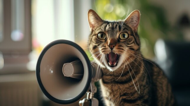 Cat announces with hand speaker, a whimsical scene filled with feline charm, Ai Generated.