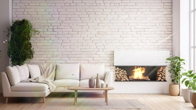 real photo of a simple natural living room interior. modern living room. seamless looping overlay 4k virtual video animation background 