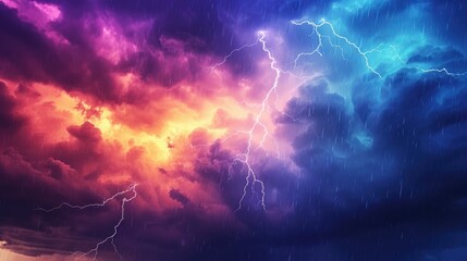 Vibrant rain clouds crackle with lightning above picturesque nature pre-storm. Colorful, Ai Generated.