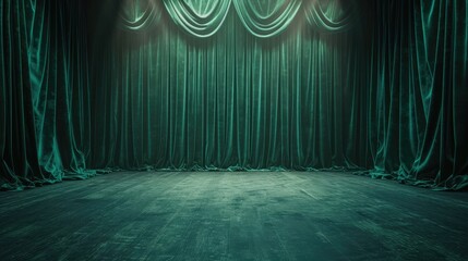 Green velvet curtains frame an empty theater stage, awaiting the spotlight. Classic, Ai Generated. - obrazy, fototapety, plakaty