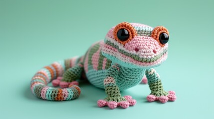 Crocheted gecko toy vibrant backdrop, handcrafted and adorable, Ai Generated