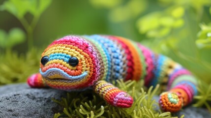 Obraz premium Crocheted eel toy vibrant backdrop, handcrafted and adorable, Ai Generated