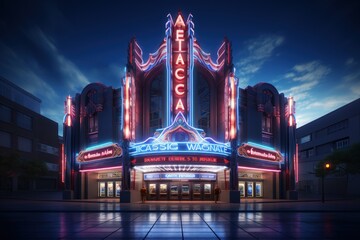 An art deco style cinema with a neon marquee - obrazy, fototapety, plakaty