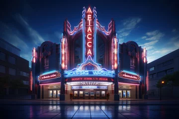 Poster An art deco style cinema with a neon marquee © Mahenz