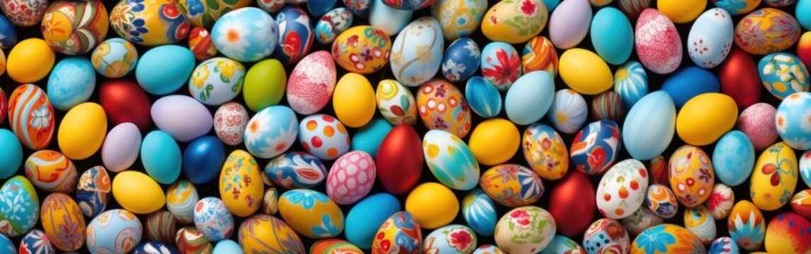 Colorful Easter eggs background. Happy Easter. Panoramic banner Banner