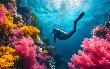 A person snorkeling in a colorful coral reef