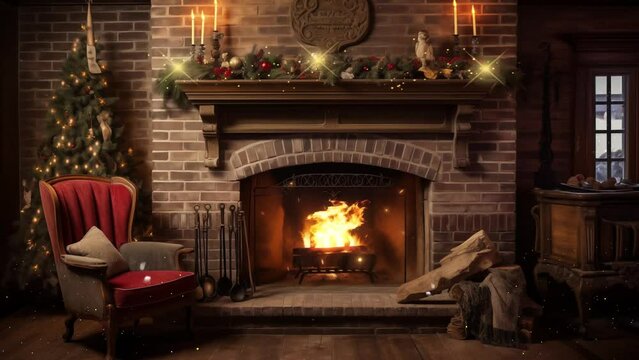 roaring fire in a vintage brick fireplace decorated. seamless looping overlay 4k virtual video animation background 
