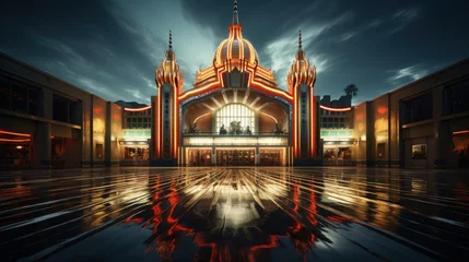 Foto op Canvas An art deco style cinema with a neon marquee © Mahenz