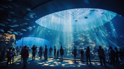 Silhouettes of people in a giant aquarium. People admire beautiful fish swimming in clear water...