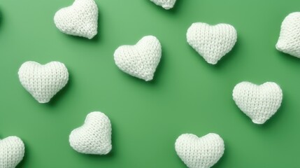 White knitted hearts on a green background, top view, with space for text. Valentine's Day, hobbies, knitting, love, health concept.