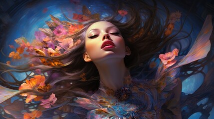 A woman with her hair blowing in the wind, creating a dynamic and energetic visual.