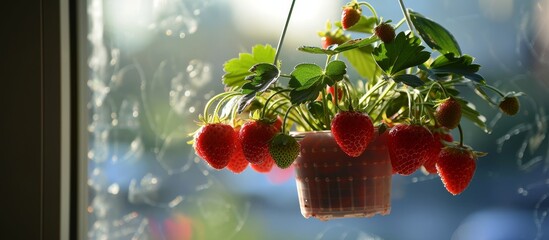 Strawberry plant with ripe fruits in a hanging plastic pot by an apartment window.