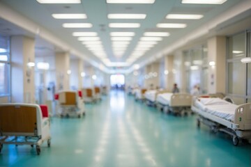 Blurred image of hospital corridor with patient bed and blurred background.