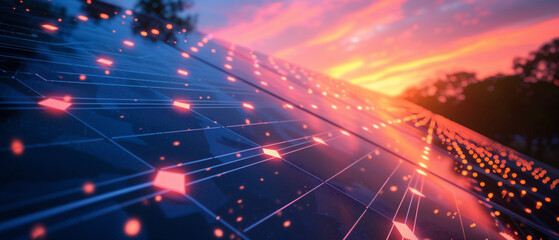 Solar power plant panel close-up view background with sunlight reflection and glowing solar energy particles. Solar cells for sustainable electric power. Clean renewable energy concept. - obrazy, fototapety, plakaty
