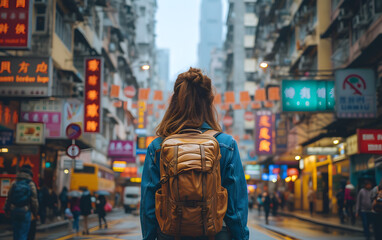 A solo traveler exploring a vibrant and bustling city