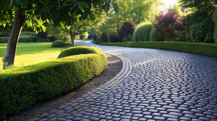 Sunlit cobblestone path winding through a garden. - obrazy, fototapety, plakaty