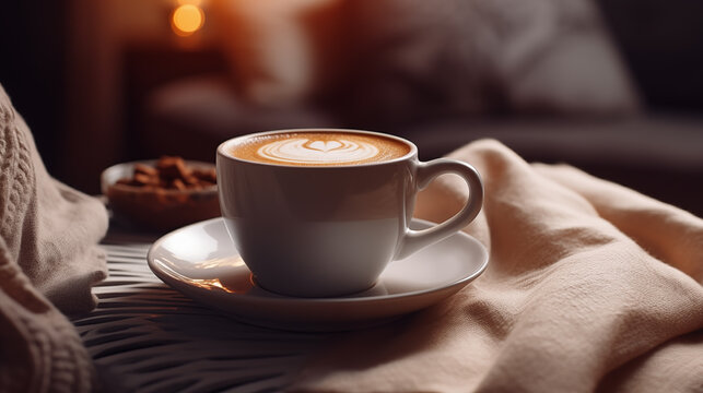 Cup of delicious coffee on cozy background picture
