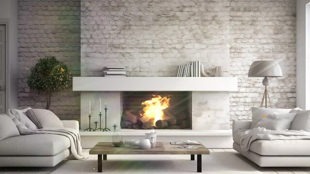 modern home interior. white brick fireplace. seamless looping overlay 4k virtual video animation background 