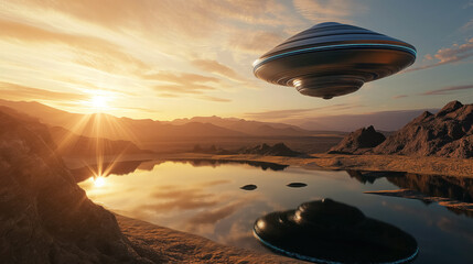 UFOs over a desert landscape at sunset.