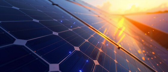 Solar power plant panel close-up view background with sunlight reflection and glowing solar energy particles. Solar cells for sustainable electric power. Clean renewable energy concept.