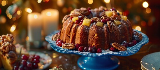 Blue art paper sets the scene for a festive rum cake adorned with pecans, pineapple, cherries, and cranberries. - obrazy, fototapety, plakaty