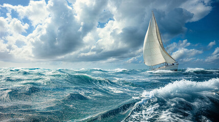 Sailboat navigating rough seas under cloudy sky.