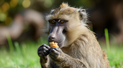 Monkey eating a snack in a natural habitat.