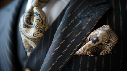 Elegant suit with paisley tie and pocket square. - obrazy, fototapety, plakaty