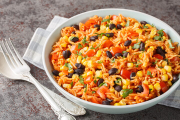 Spicy vegetarian side dish tomato rice with black beans, onions and corn close-up in a bowl on the table. Horizontal