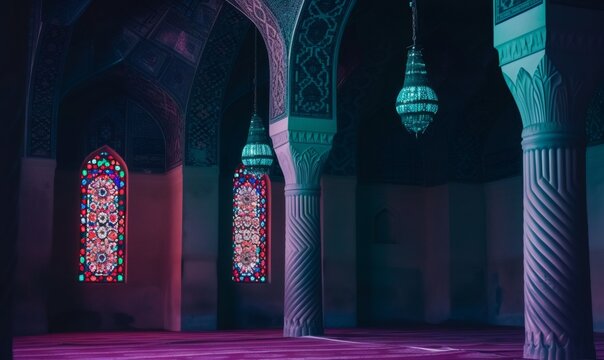 Ramadan's celebration background with indoor Mosque with blue and purple light