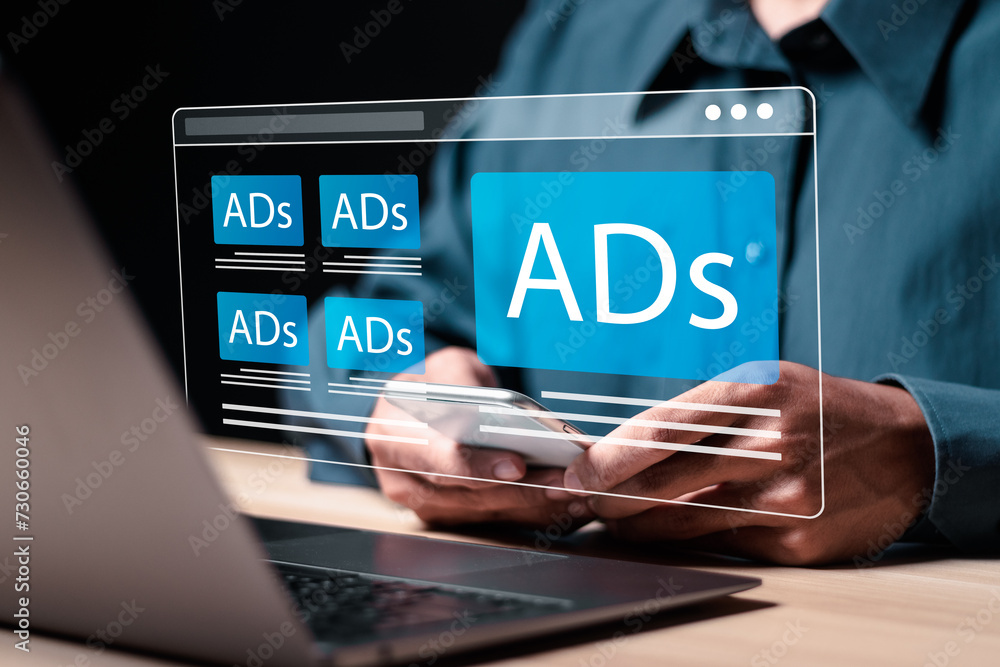 Poster digital marketing and online advertising to targeted customers. person use smartphone and laptop wit