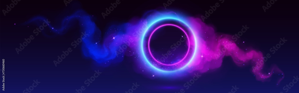 Wall mural circle neon blue and pink gradient frame with smoke clouds. realistic vector illustration of magic f