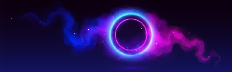 Circle neon blue and pink gradient frame with smoke clouds. Realistic vector illustration of magic fantasy game portal with bright light ring. 3d round glow led circular border with colorful steam.