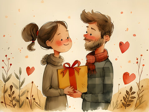 Thank you, love.Young couple celebrating their special date.Woman giving present to her boyfriend on anniversary or St Valentines Day. Happy man thanking his girlfriend for cute Valentine gift cartoon