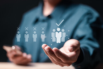 Human resource management concept. HR manager use laptop with virtual Human resource icons for...