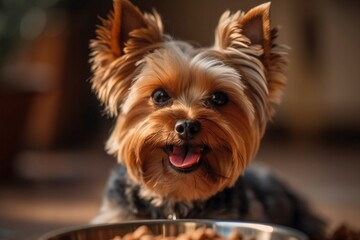 Up-Close Delight of a Yorkshire Terrier Enjoying Mealtime