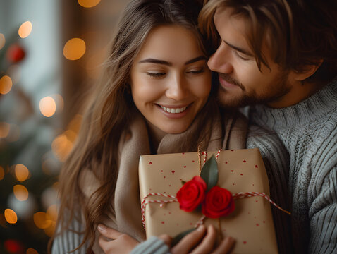 Thank you, love. Young couple celebrating their special date. Woman giving present to her boyfriend on anniversary or St Valentines Day. Happy man thanking his girlfriend for cute Valentine gift