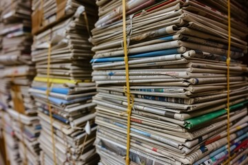 Stacked Chronicles: An Array of Newspapers in Close-Up - obrazy, fototapety, plakaty