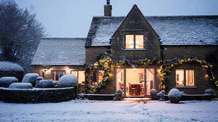 Christmas in the countryside, cottage and garden decorated for holidays on a snowy winter evening with snow and holiday lights, English country styling