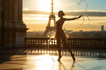 Tuinposter Gymnast performing with ribbon on terrace in Paris with eiffel tower in the background ai generated art.  © Tsanko
