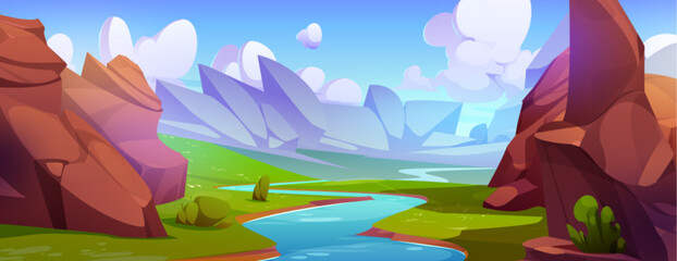 Obraz premium River with green grass and rock mountains on shore. Cartoon vector summer landscape with big stones, field and bushes on riverside of stream with blue water under sunny sky with fluffy clouds.