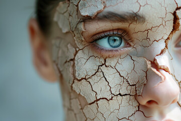 Close up portrait of a woman with cracked dry skin. Beauty and cosmetic skincare problems