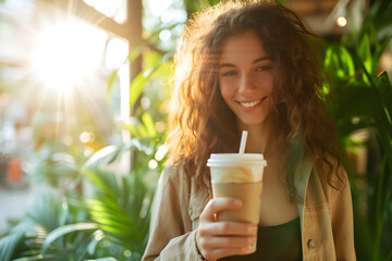woman holding cup of frape cafe with green plants in background in sunlight ai generated art