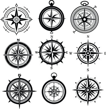 compass silhouette set vector illustration, 