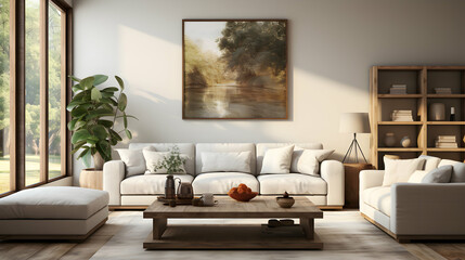 Rural Retreat: Showcase Your Art in Farmhouse Setting with Plush Sofa and Big Frame.