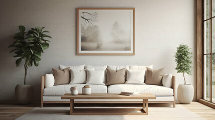 Rustic Charm: Wall Art Showcase in Farmhouse Living Room with Comfy Sofa and Cushions. Real estete brochure or ad.