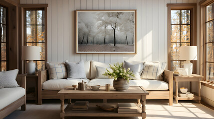 Farmhouse Living: Big Frame Mockup in Cozy Interior with Stylish Sofa and Pillows.