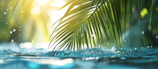 Blurred water wave under palm leaves, depicting fresh sunny summer.