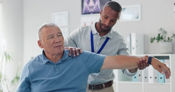 Old man, physiotherapist and arm stretching for training mobility in retirement or rehabilitation, wellness or injury. Elderly person, muscle support and performance help, recovery or consultation
